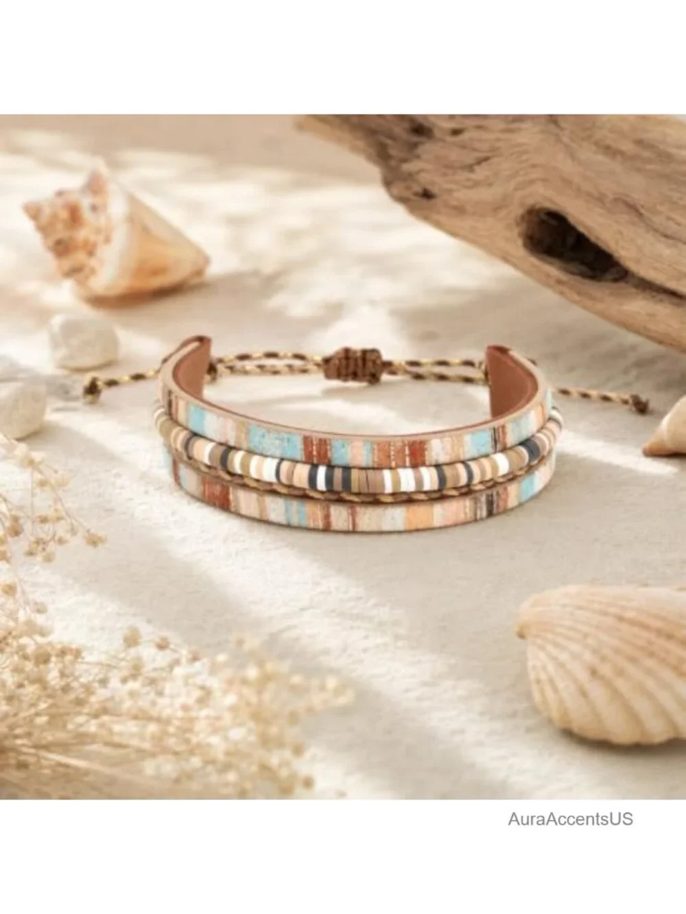 Boho Faux Leather Wrap Bracelet Stackable Clay Bead Jewelry